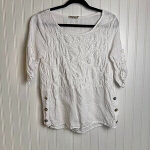 Lungo L'arno White Embroidered Linen 3/4 Sleeve Top Size Medium B8